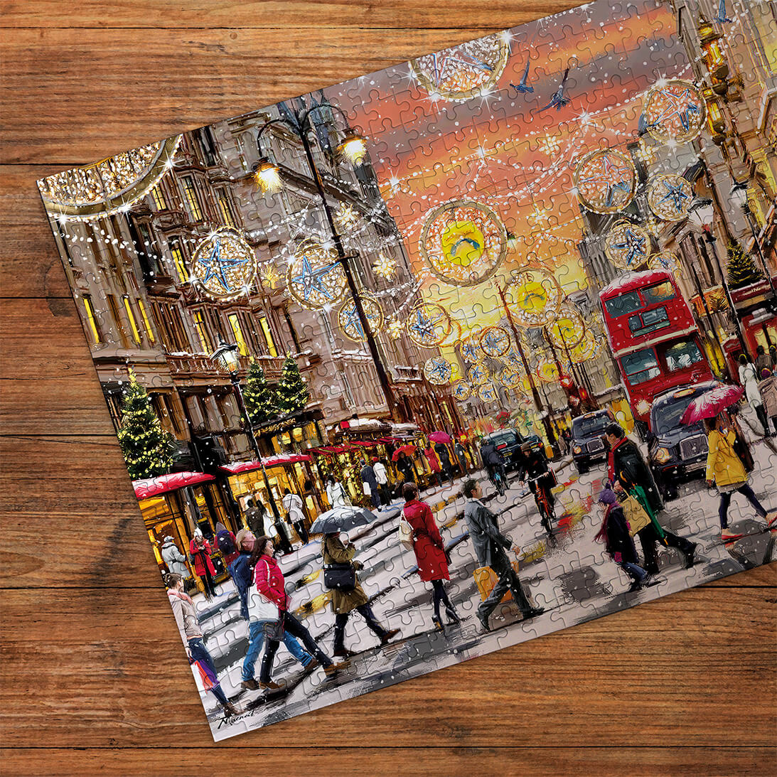 Gibsons Holiday Hustle 250 XL extra large piece jigsaw puzzle made up detail on wooden table