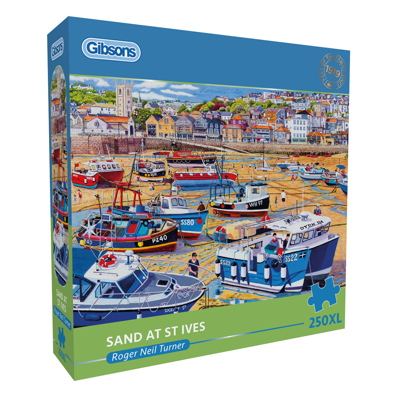 Gibsons puzzle box featuring a harbor scene with boats and buildings.