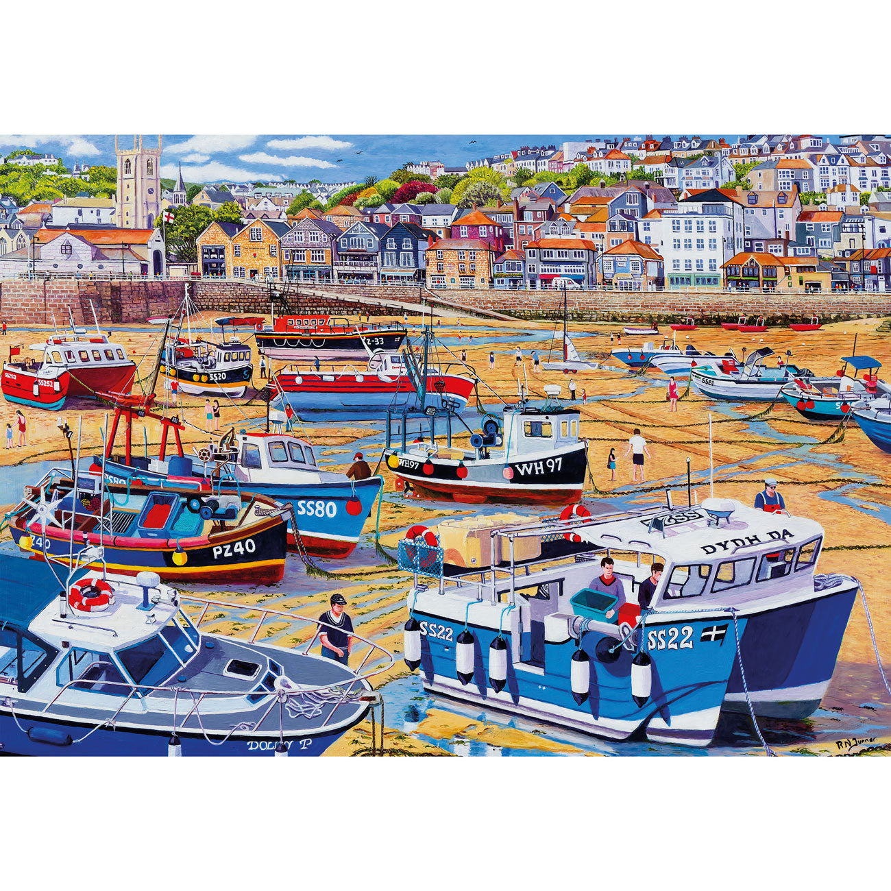 Illustration of a harbor scene with boats and buildings