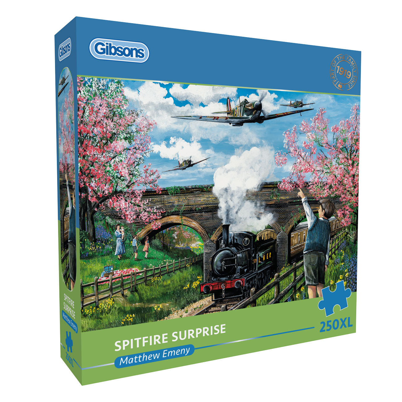 Gibsons puzzle box featuring a steam train and Spitfire planes with cherry blossoms.