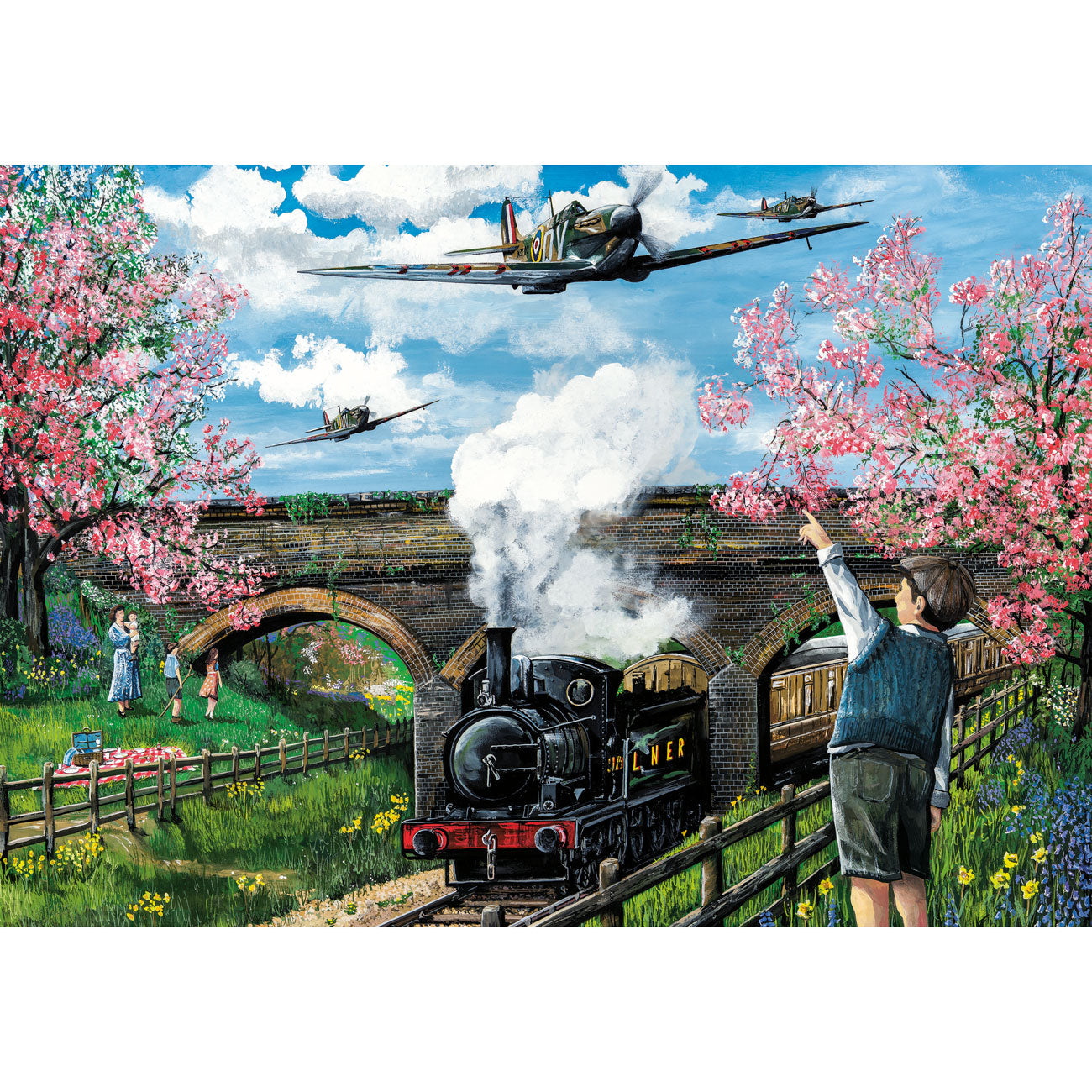 Scenic painting of a steam train on tracks with cherry blossom trees and airplanes in the sky.