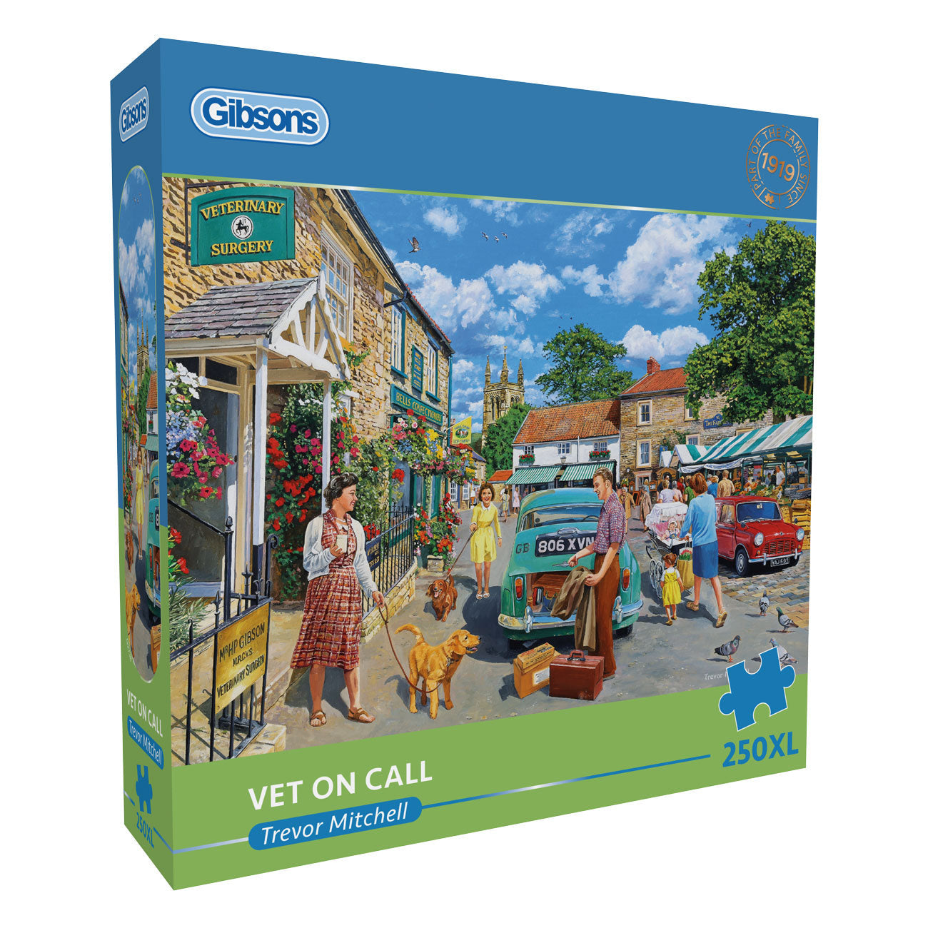 Gibsons puzzle box featuring a village scene with people and dogs, labeled 'Vet on Call' by Trevor Mitchell.