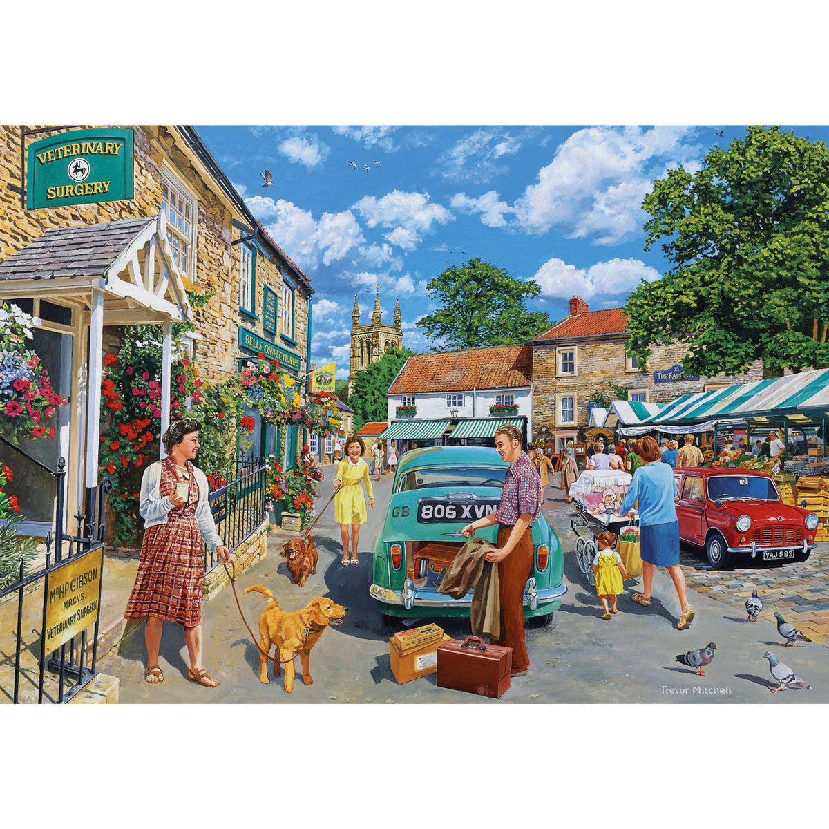 Vintage-style street scene with people, a car, and a veterinary surgery.