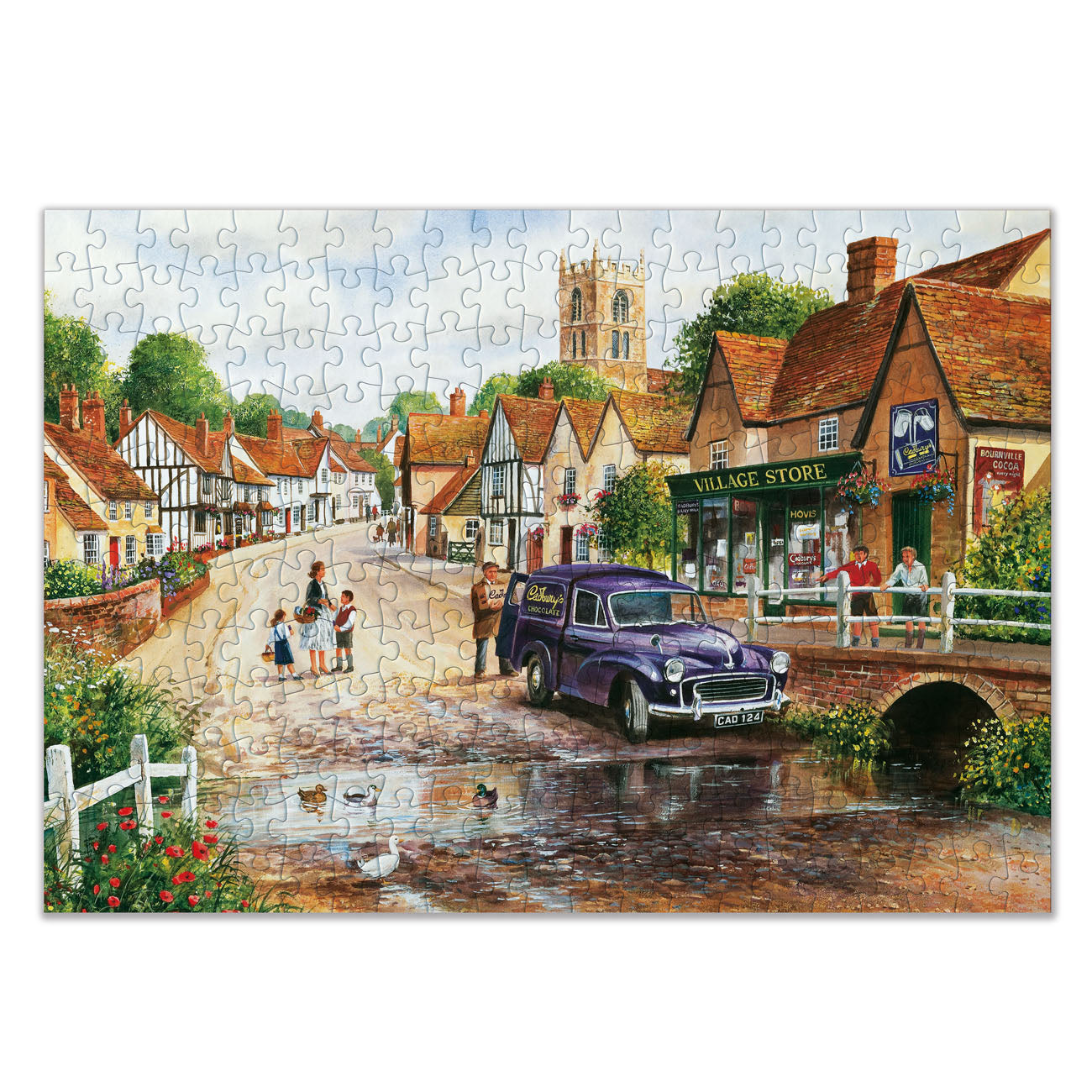 Jigsaw puzzle with a village scene featuring a purple van, shops, and people.