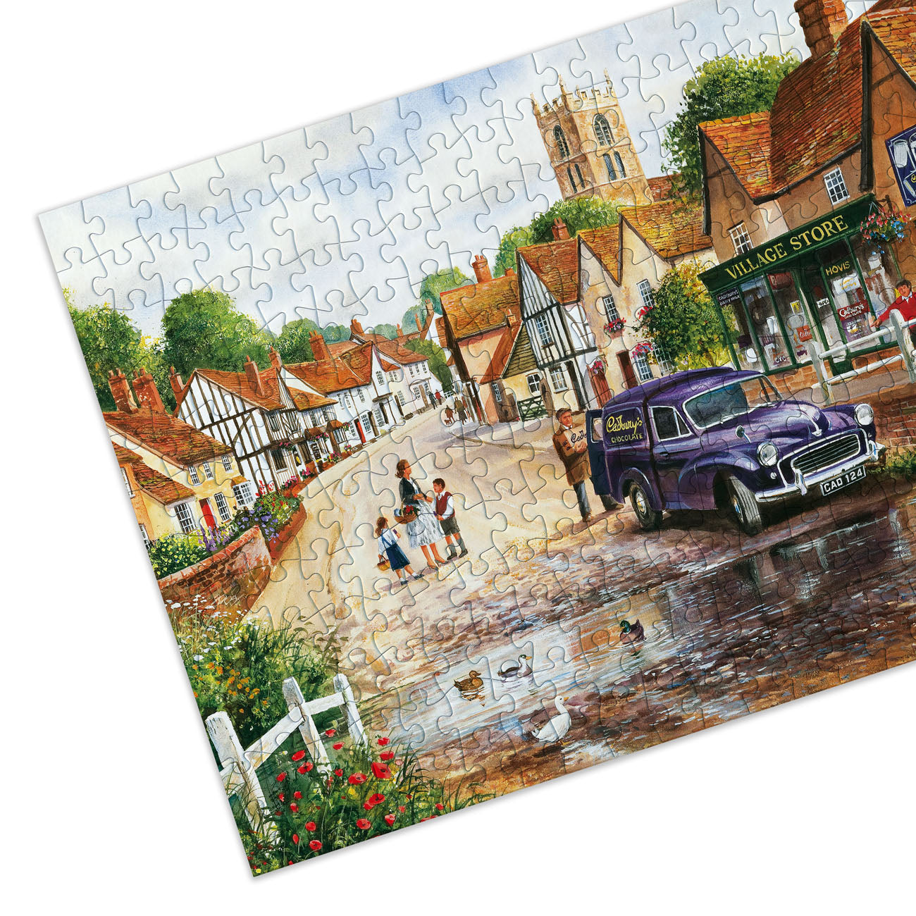 Jigsaw puzzle with a village scene featuring a purple van and people on a street.