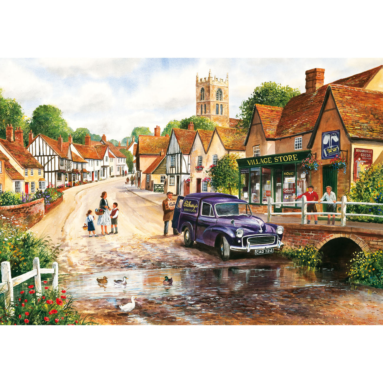 Illustration of a quaint village scene with a purple van, people, and a store.