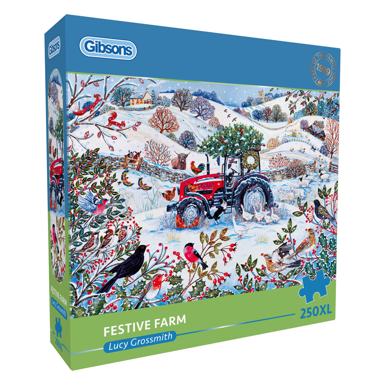 Gibsons Festive Farm puzzle box with a snowy farm scene and red tractor on the cover.