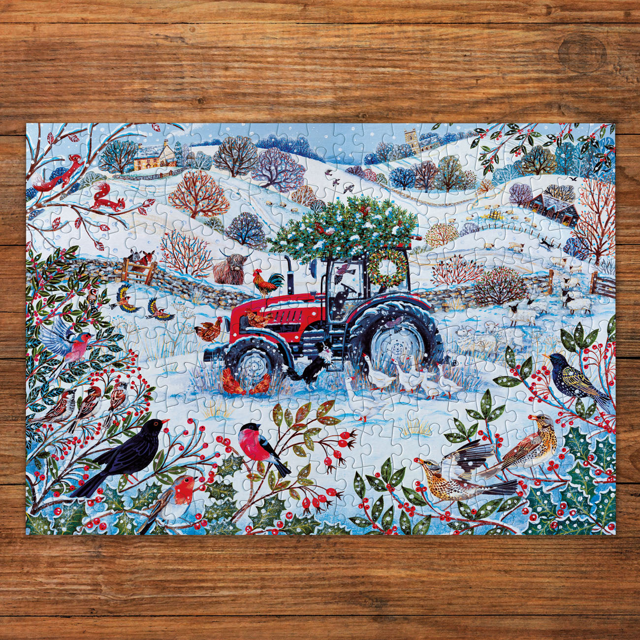 Jigsaw puzzle with a winter scene featuring a tractor and birds on a wooden surface