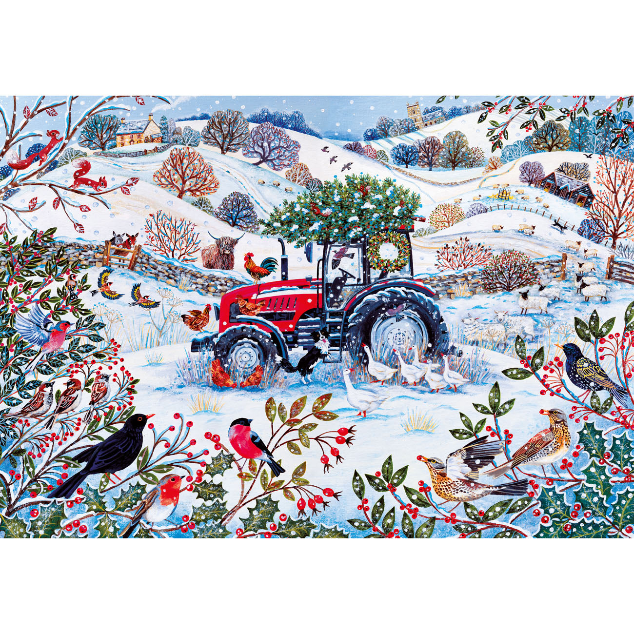 Winter scene with a red tractor, birds, and snow-covered landscape