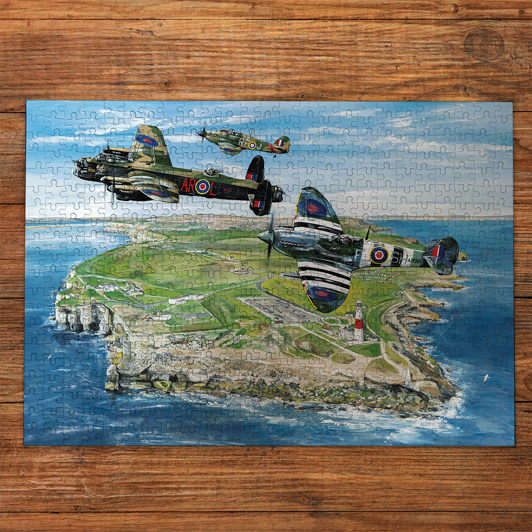 Wings Over Portland 500 Piece Jigsaw Puzzle by Gibsons made up on wooden table