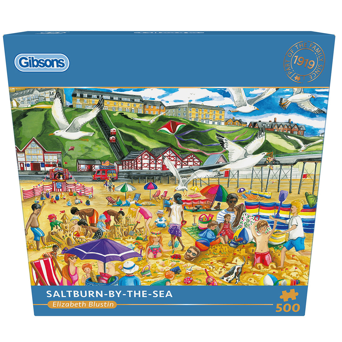 Saltburn-by-the-Sea 500 Piece Jigsaw Puzzle by Gibsons in blue retail box in front view