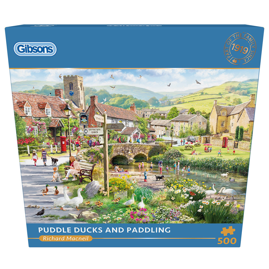 Puddle Ducks & Paddling 500 Piece Jigsaw Puzzle by Gibsons in blue retail box in front view