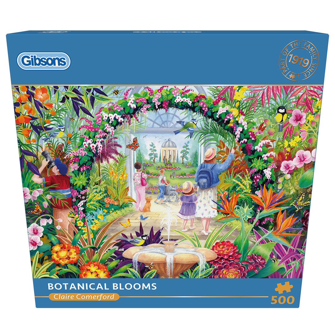 Botanical Blooms 500 Piece Jigsaw Puzzle by Gibson in blue retail box in front view