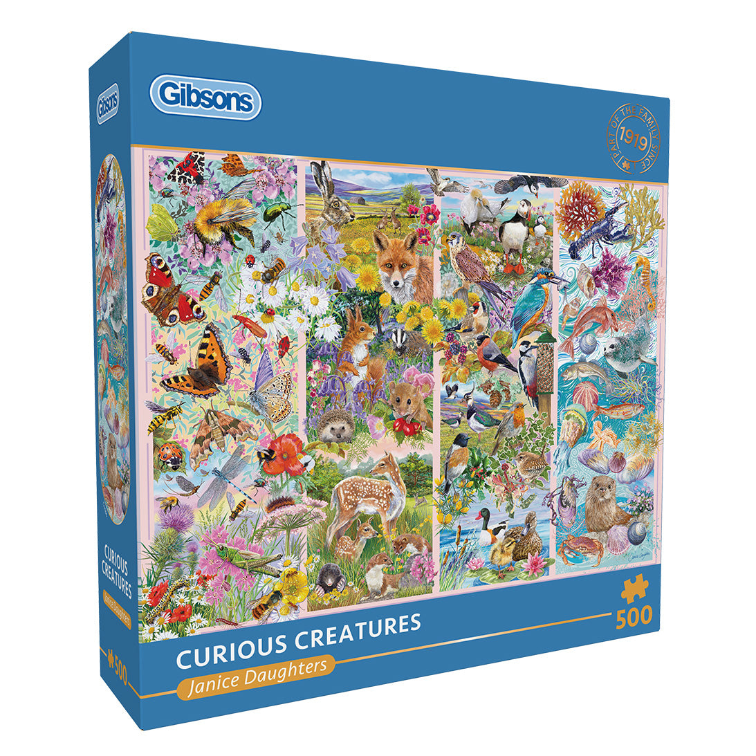 Curious Creatures 500 Piece Jigsaw Puzzle by Gibsons in blue retail box