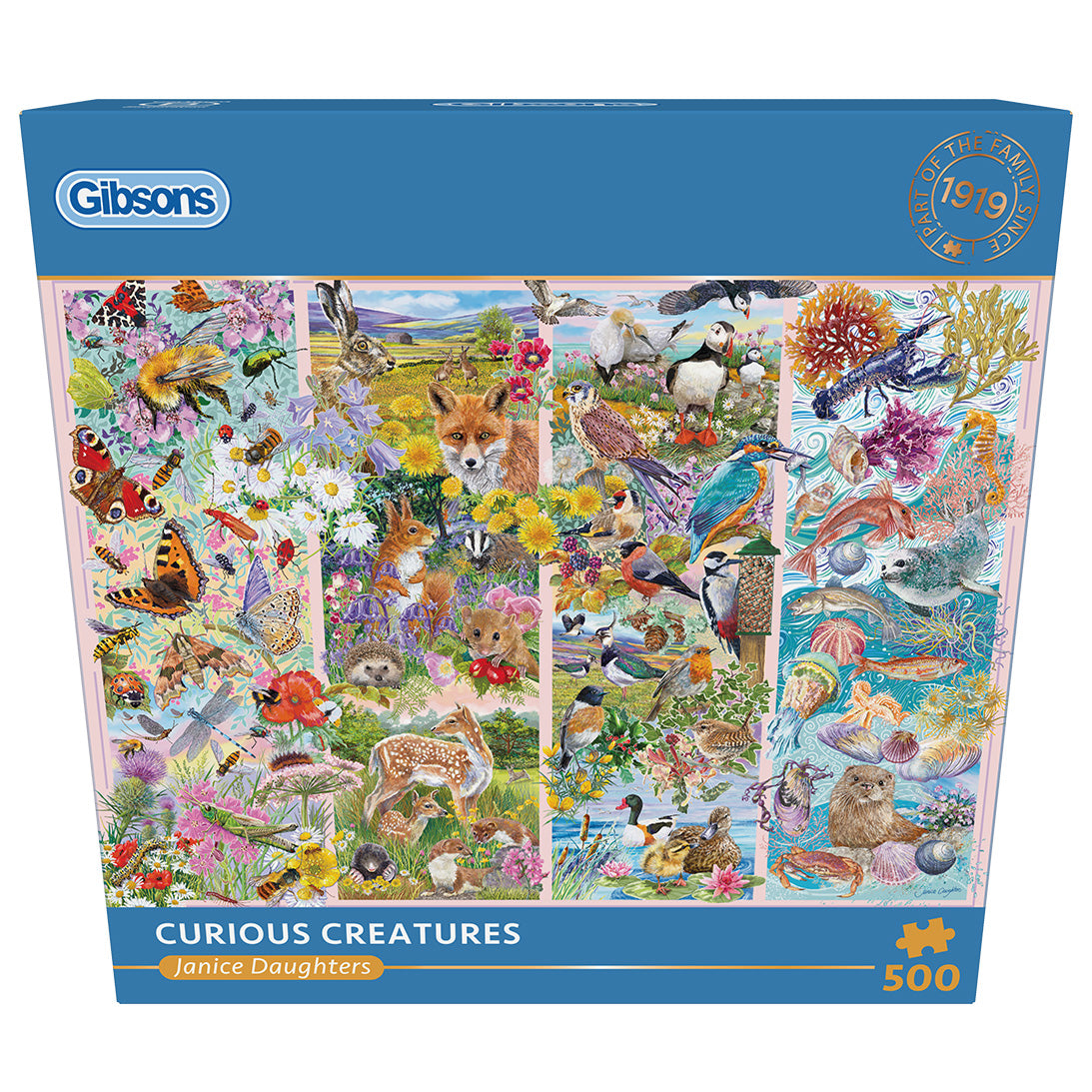 Curious Creatures 500 Piece Jigsaw Puzzle by Gibsons in blue retail box front view
