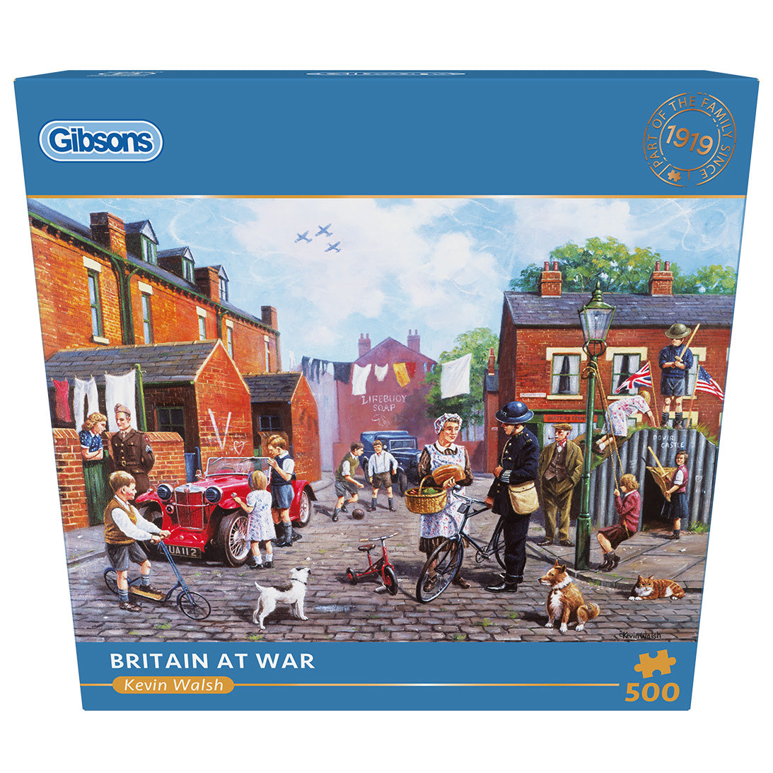 Britain at War 500 Piece Jigsaw Puzzle in blue retail box by Gibsons front view
