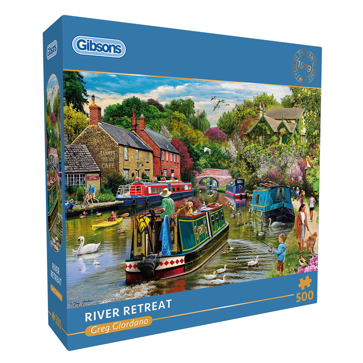 Gibsons River Retreat 500 Piece Jigsaw Puzzle in blue retail box side view