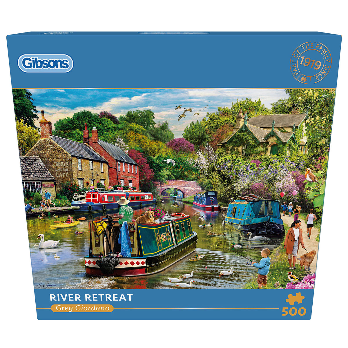 Gibsons River Retreat 500 Piece Jigsaw Puzzle  in blue retail box front view