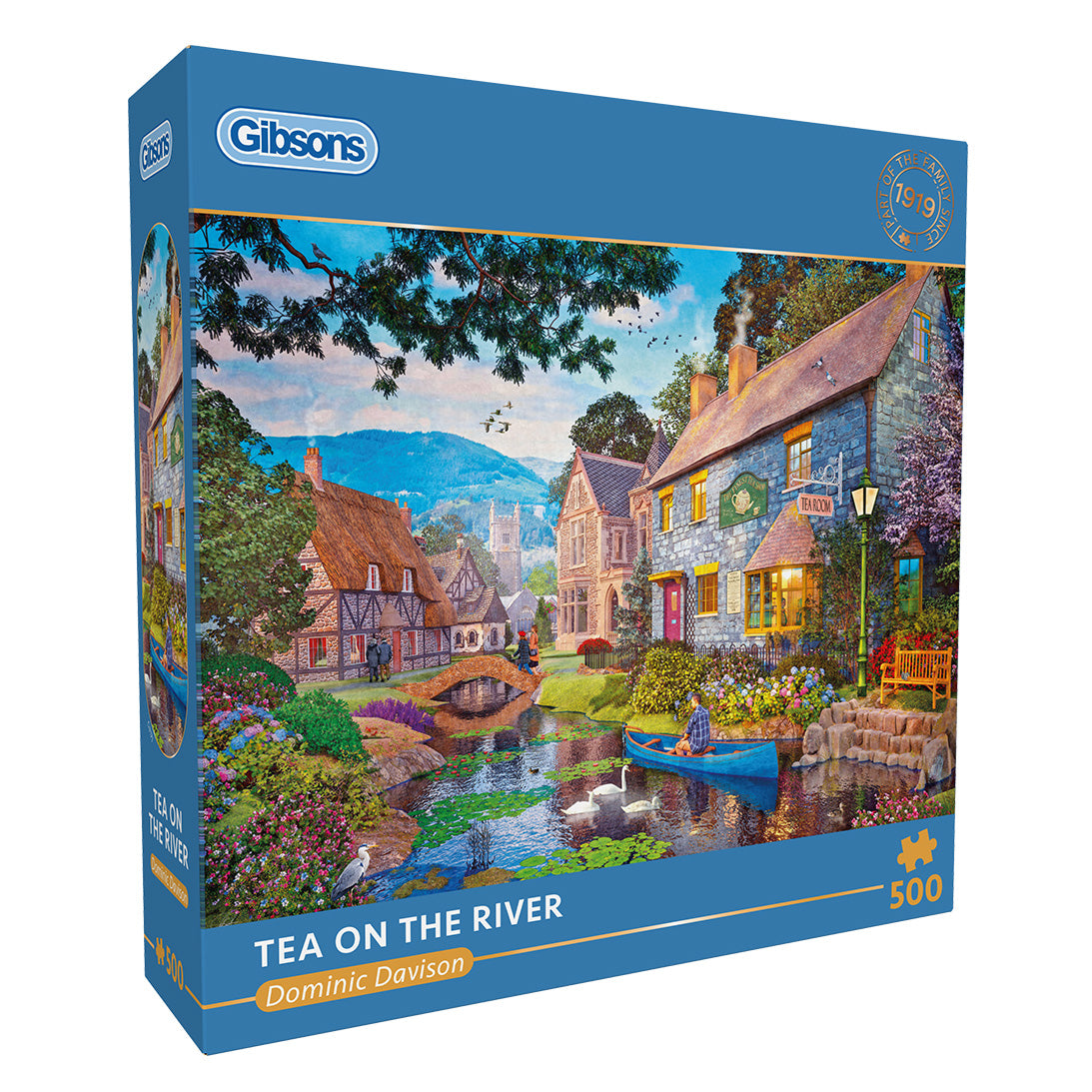 Gibsons Tea on the River 500 Piece Jigsaw Puzzle for Adults in blue retail box
