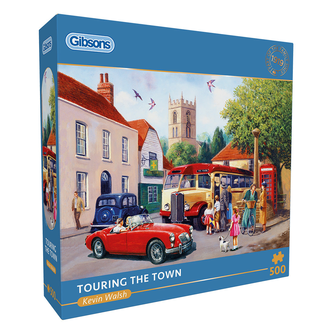 Gibsons Touring the Town 500 Piece Traditional Nostalgic Jigsaw Puzzle for Adults in blue retail box