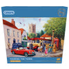 Gibsons Touring the Town 500 Piece Traditional Nostalgic Jigsaw Puzzle for Adults in blue retail box front view