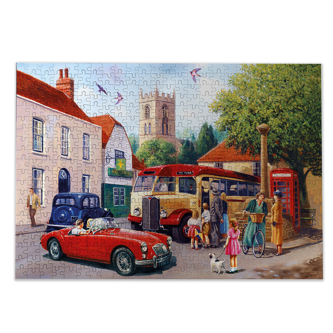 Gibsons Touring the Town 500 Piece Traditional Nostalgic Jigsaw Puzzle for Adults made up on white background