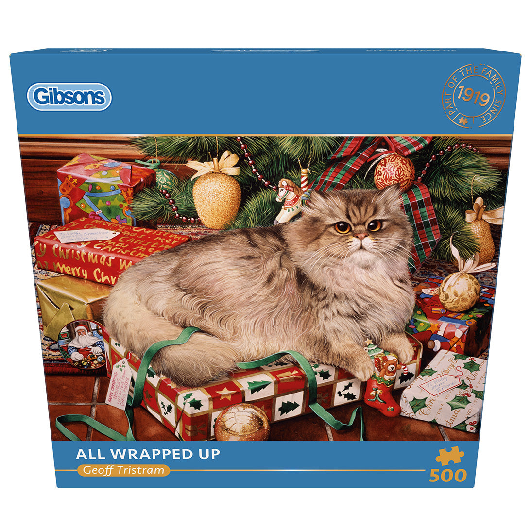 Gibsons All Wrapped Up 500 Jigsaw Puzzle for Adults in blue retail box front view