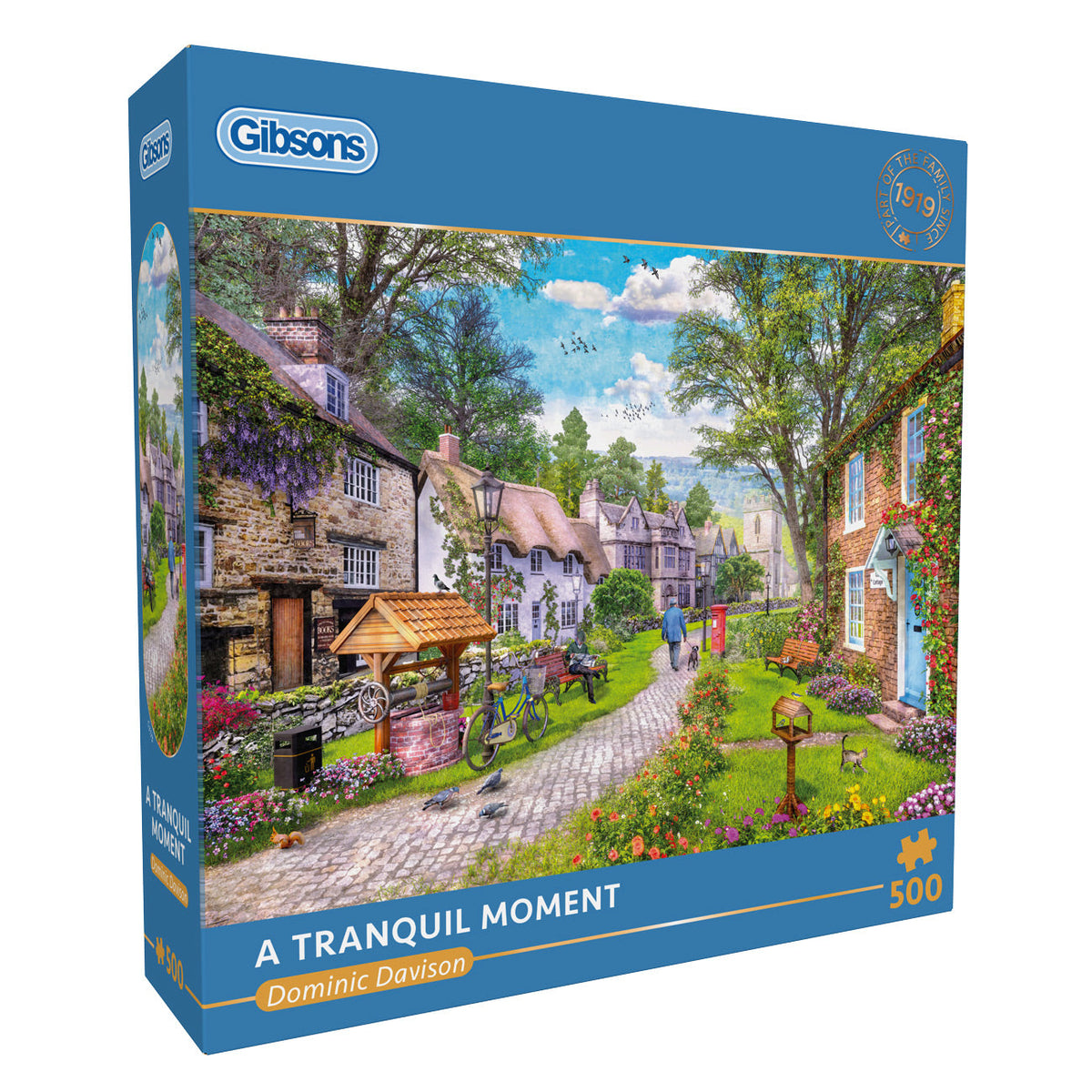 Gibsons puzzle box titled 'A Tranquil Moment' with a scenic village design.