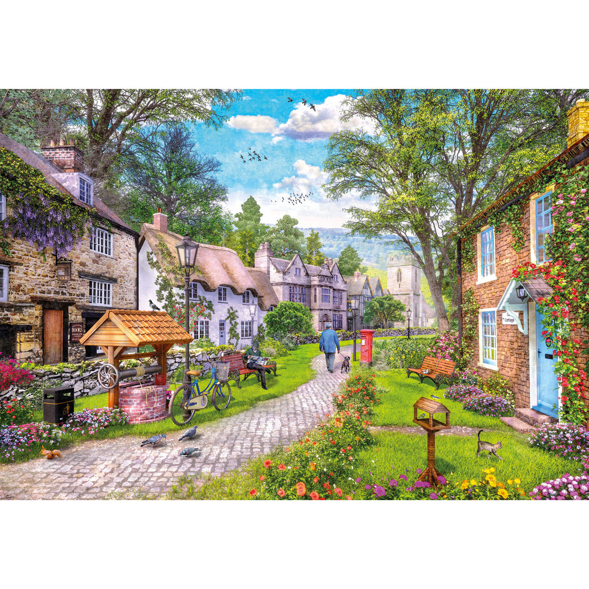 Cute village scene with quaint houses, a cobblestone path, and greenery.