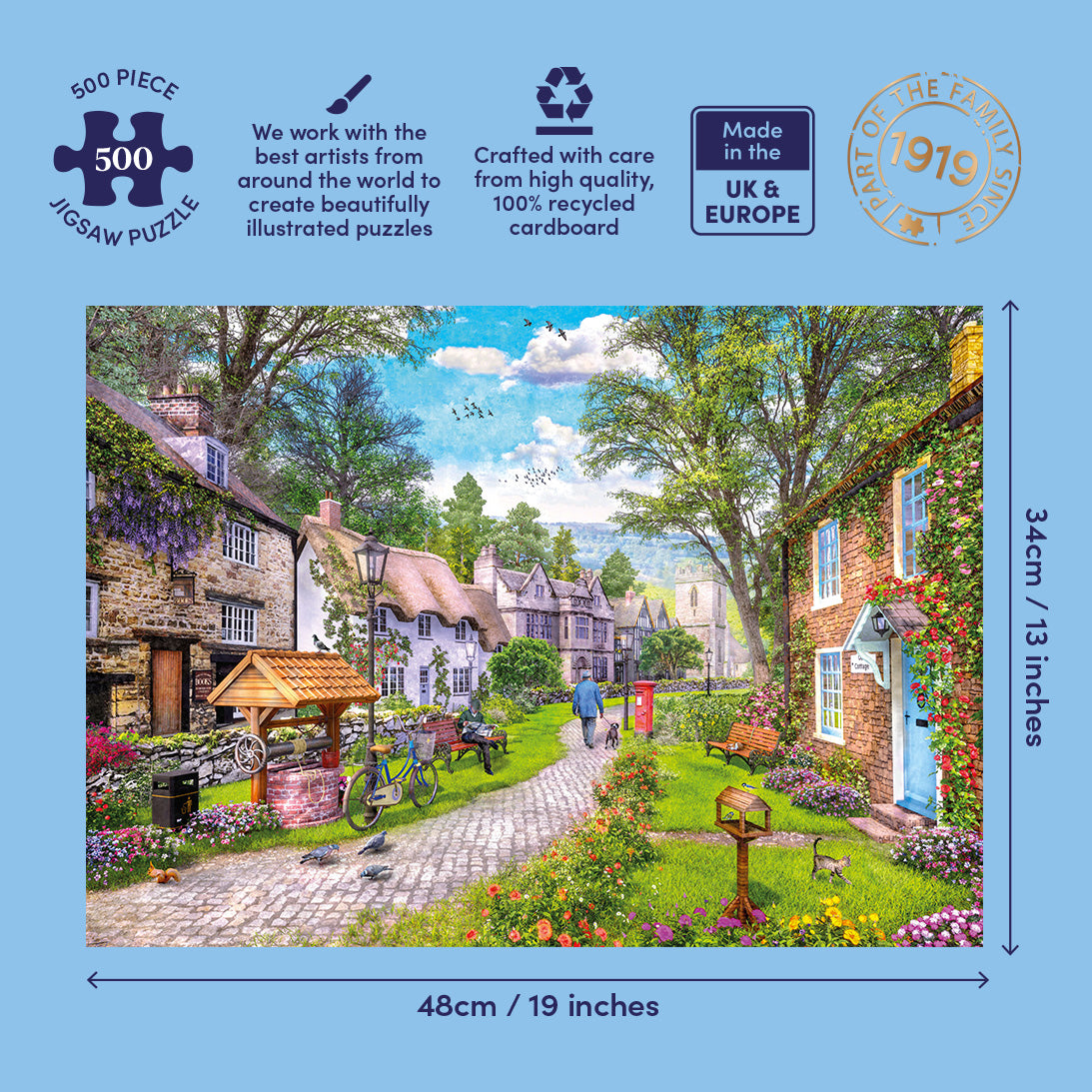 Jigsaw puzzle packaging with a scenic village illustration and product details.