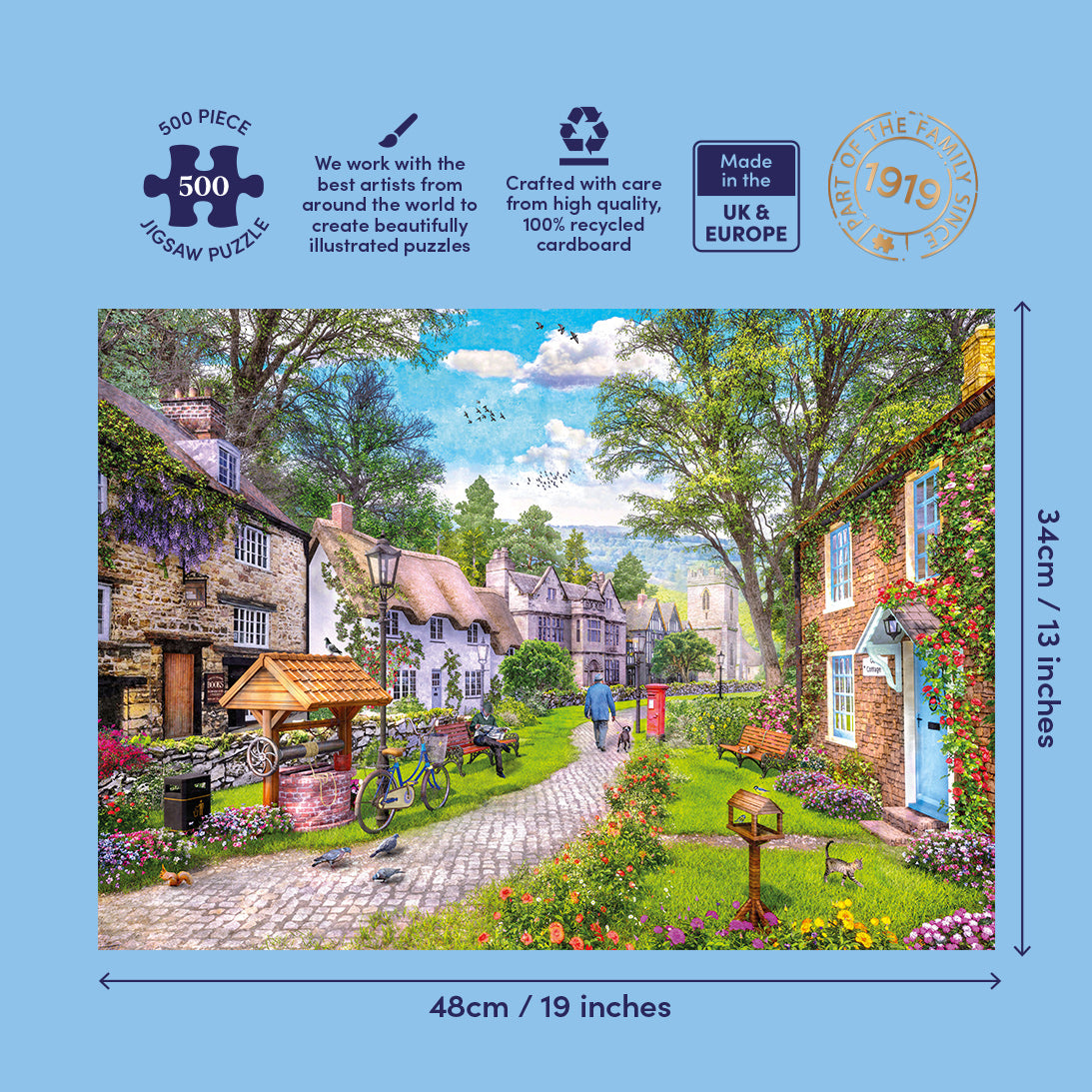 Jigsaw puzzle packaging with a scenic village illustration and product details.