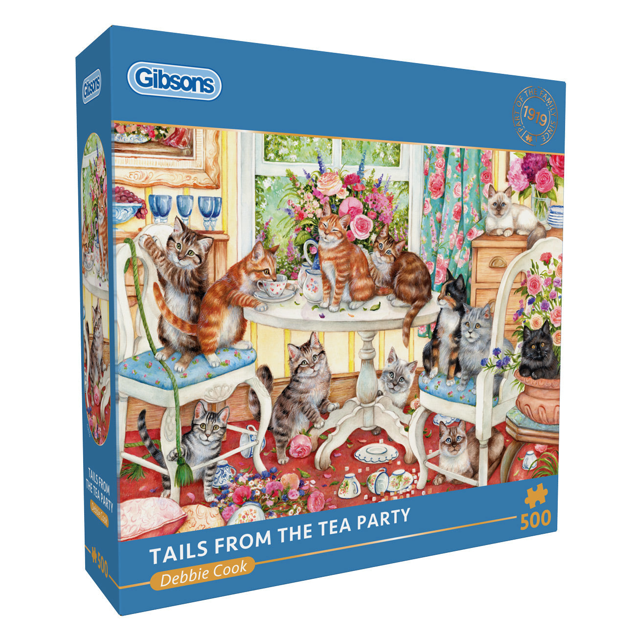 Gibsons puzzle box titled 'Tails from the Tea Party' with cats at a tea party scene.