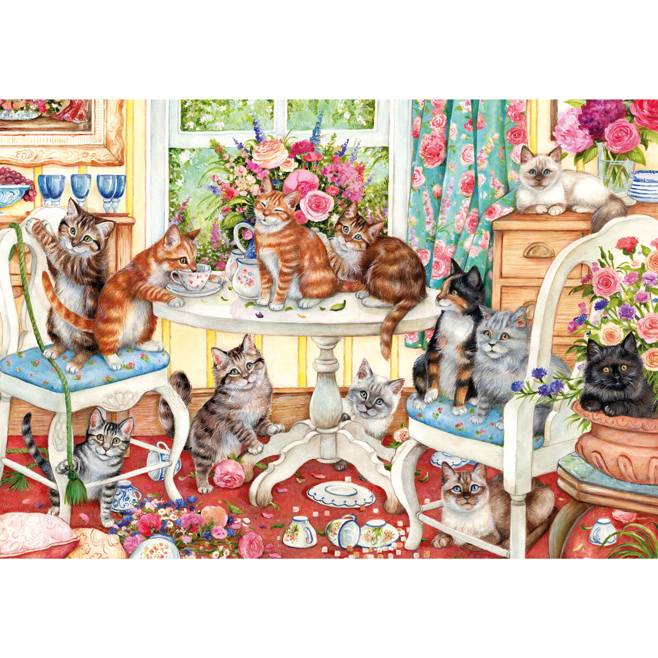 Illustration of cats gathered around a table with tea sets in a cozy room.