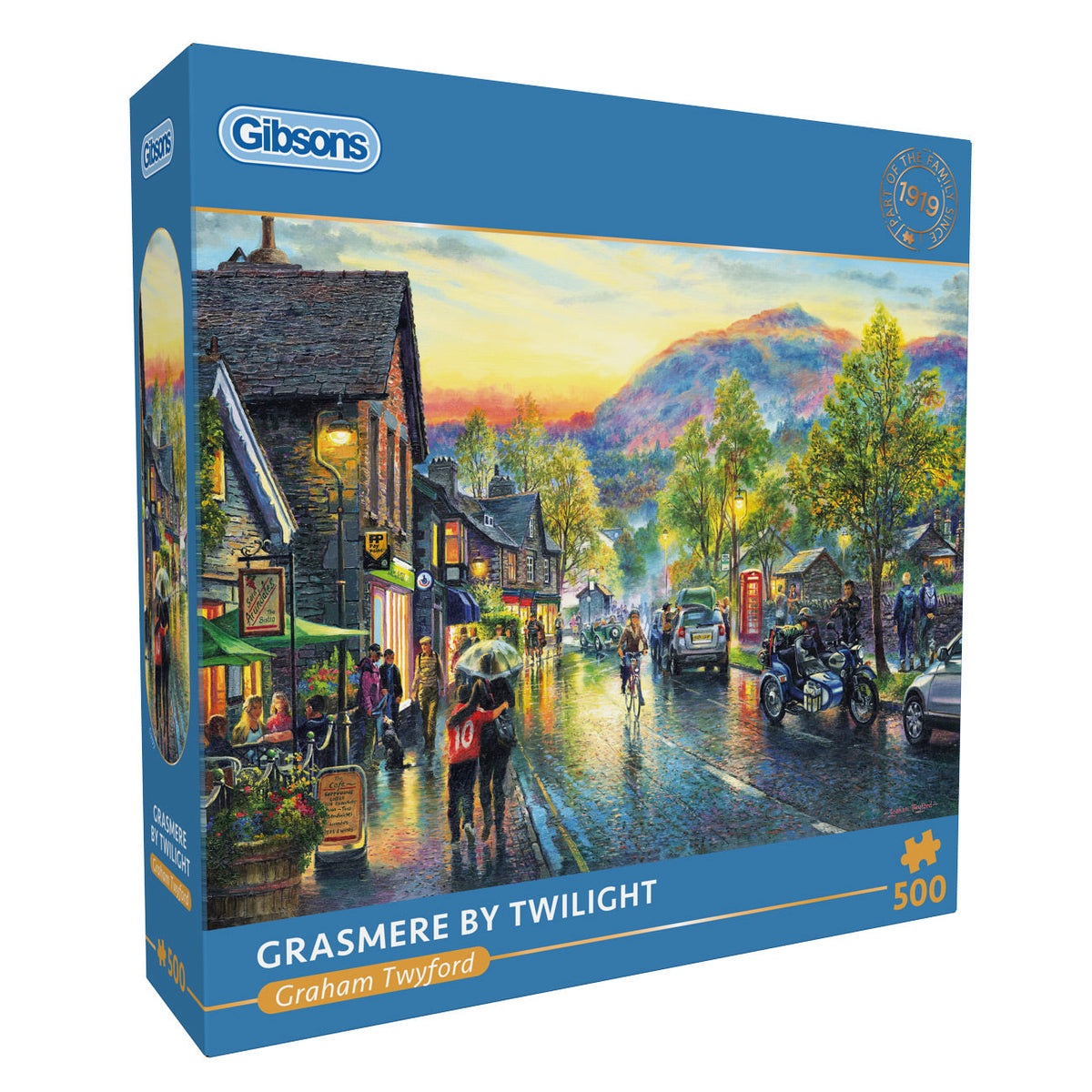 Gibsons puzzle box titled 'Grasmere by Twilight' with a scenic village illustration on the cover.