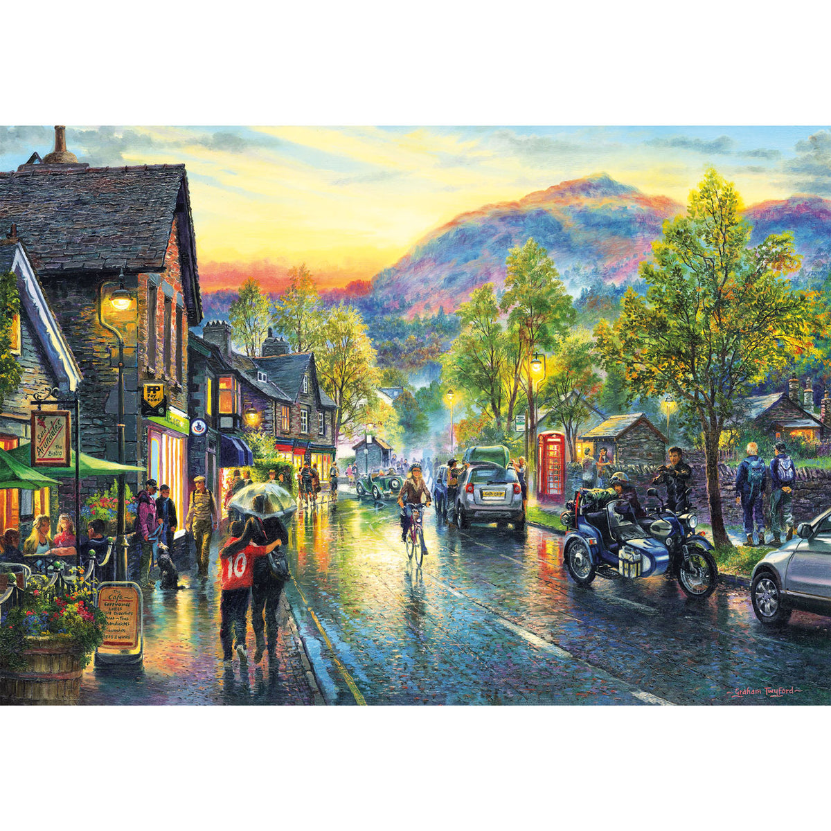 Painting of a town street with people, vehicles, and a mountainous background.