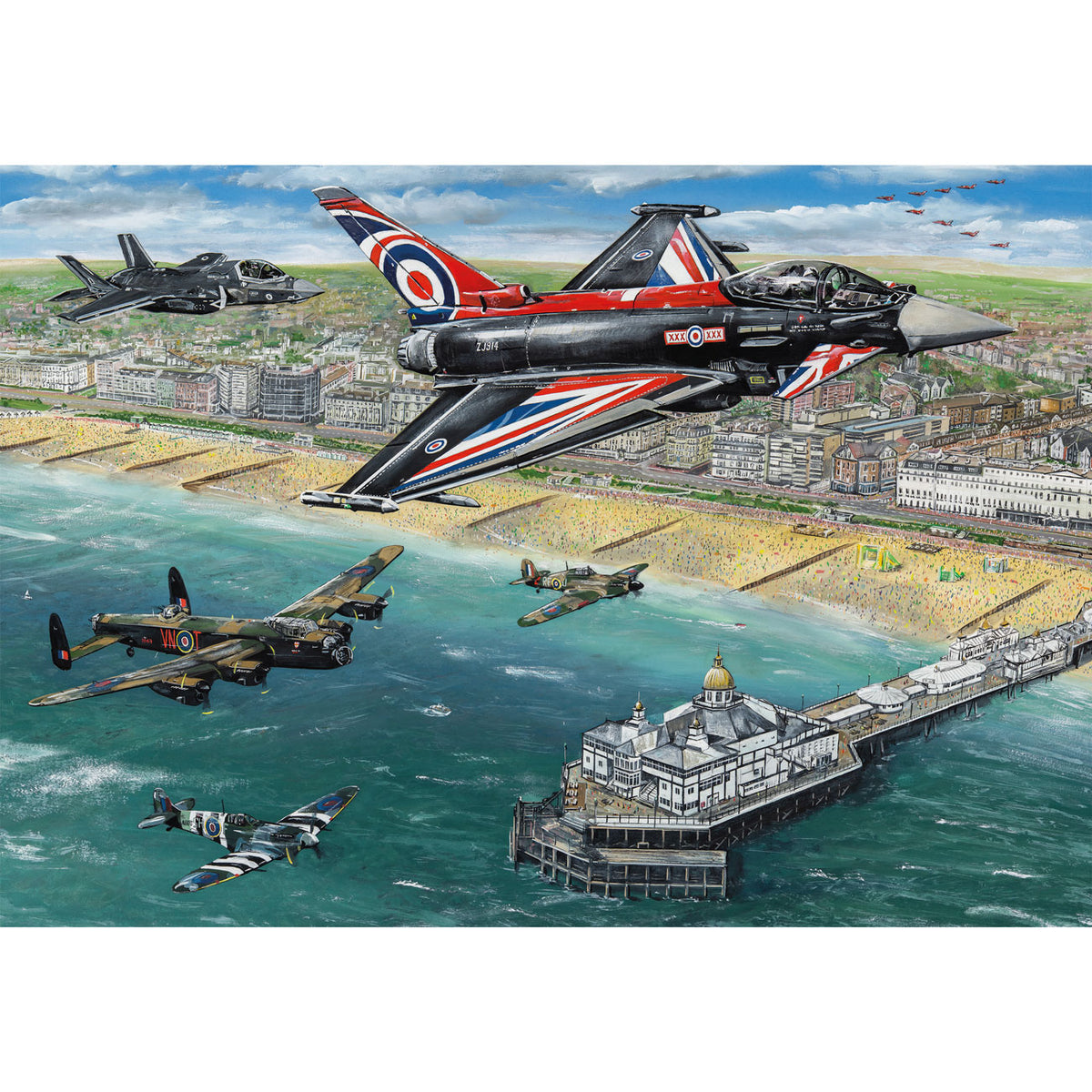 Illustration of historical aircraft over a coastal cityscape with a dock.