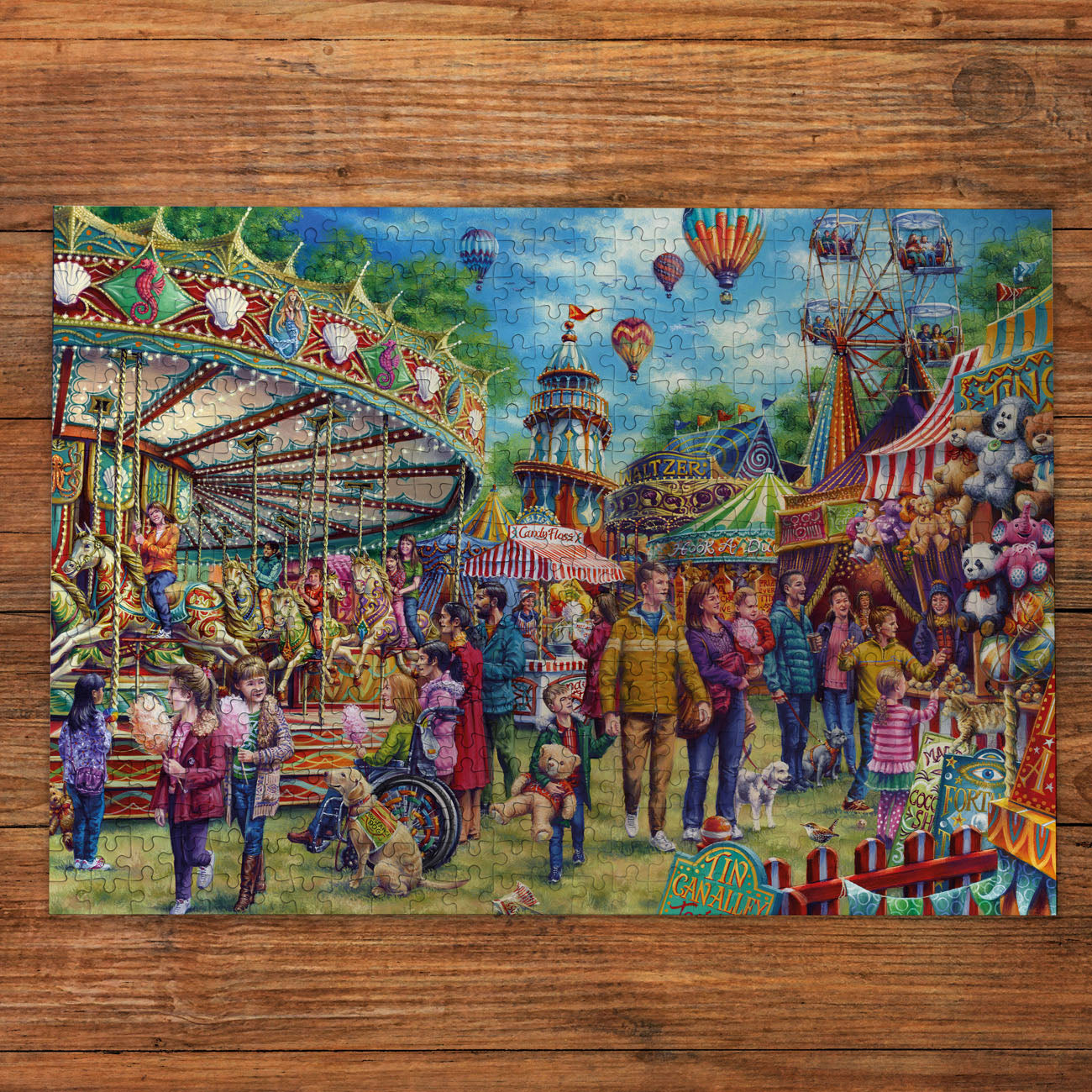Colorful illustration of a carnival scene with people and attractions on a wooden surface.