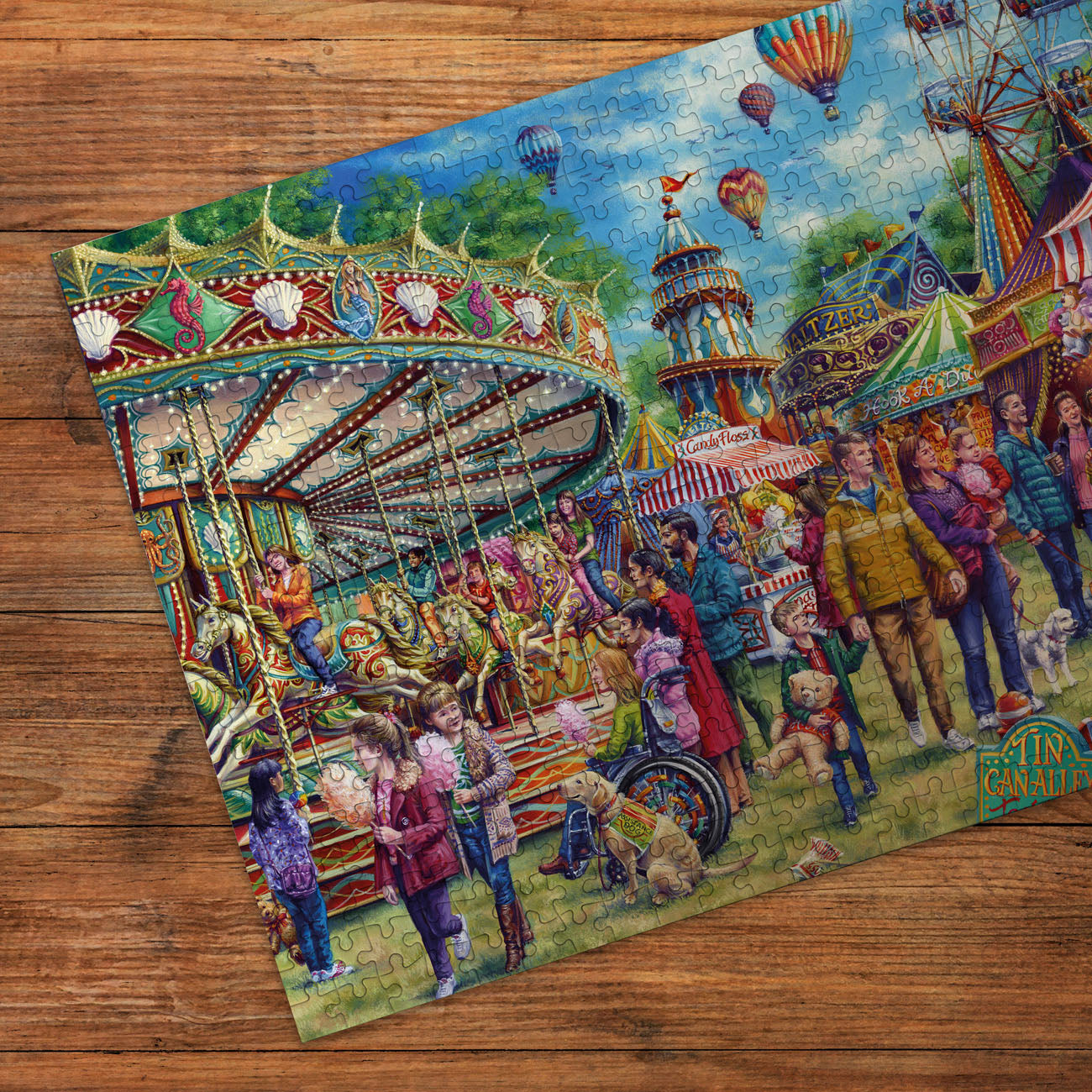 Colorful illustration of a carousel scene on a wooden surface