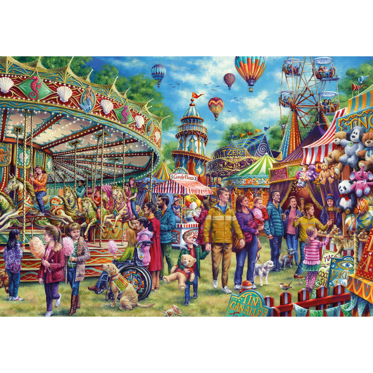 Colorful fairground scene with people, animals, and attractions.