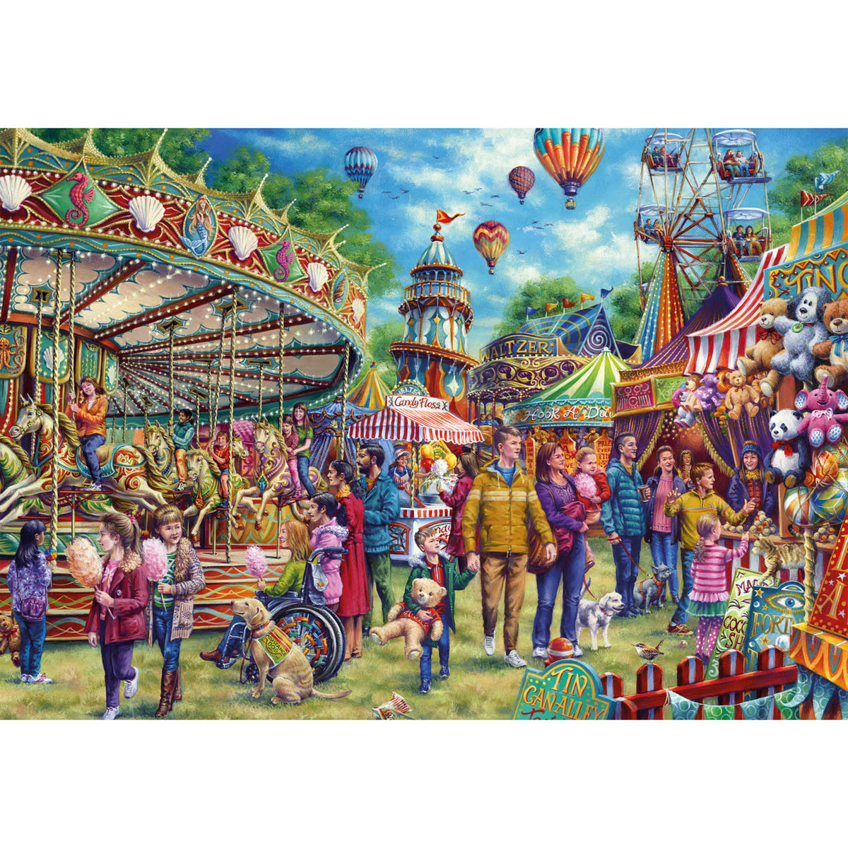 Colorful fairground scene with people, animals, and attractions.