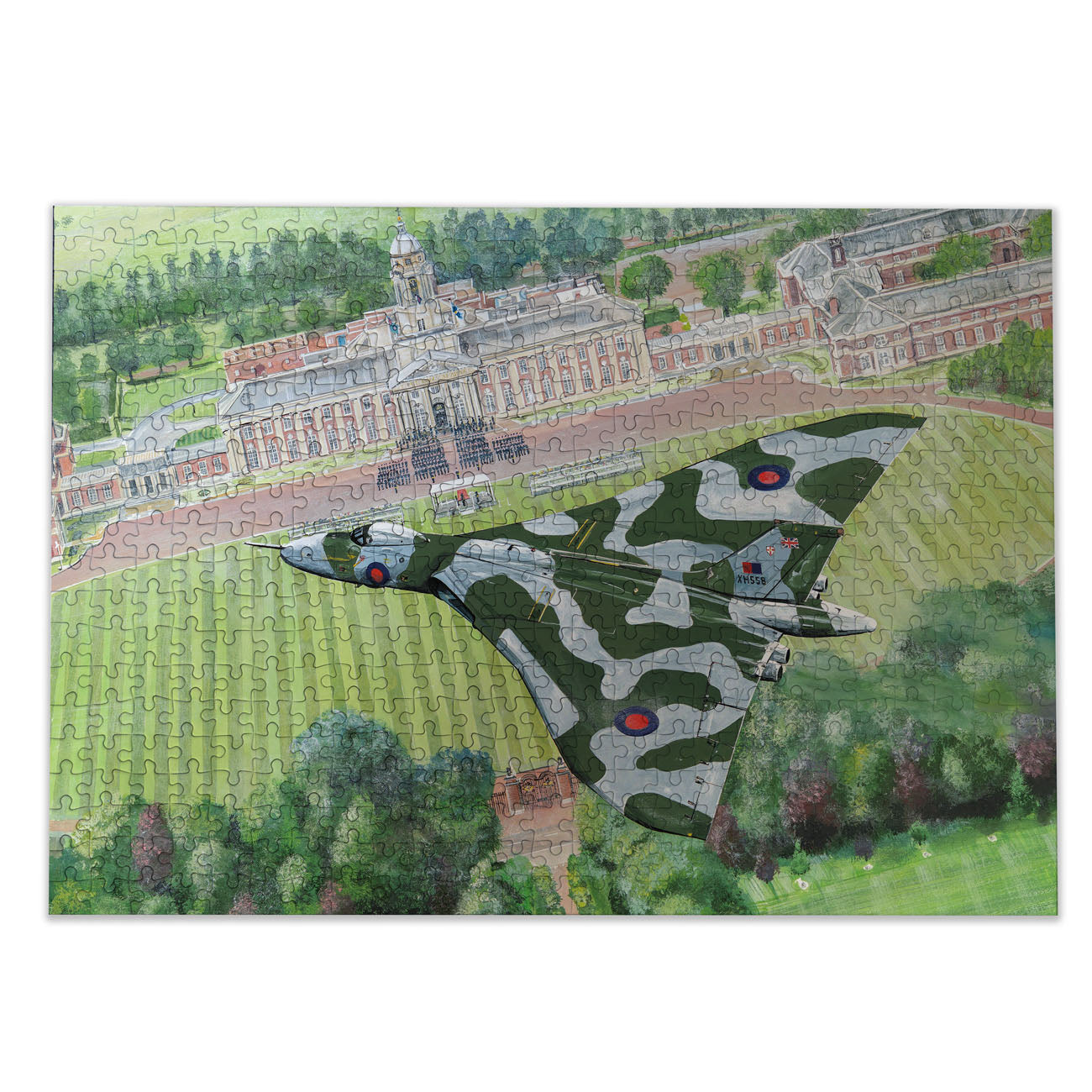 Jigsaw puzzle with a camouflage airplane design on a scenic background