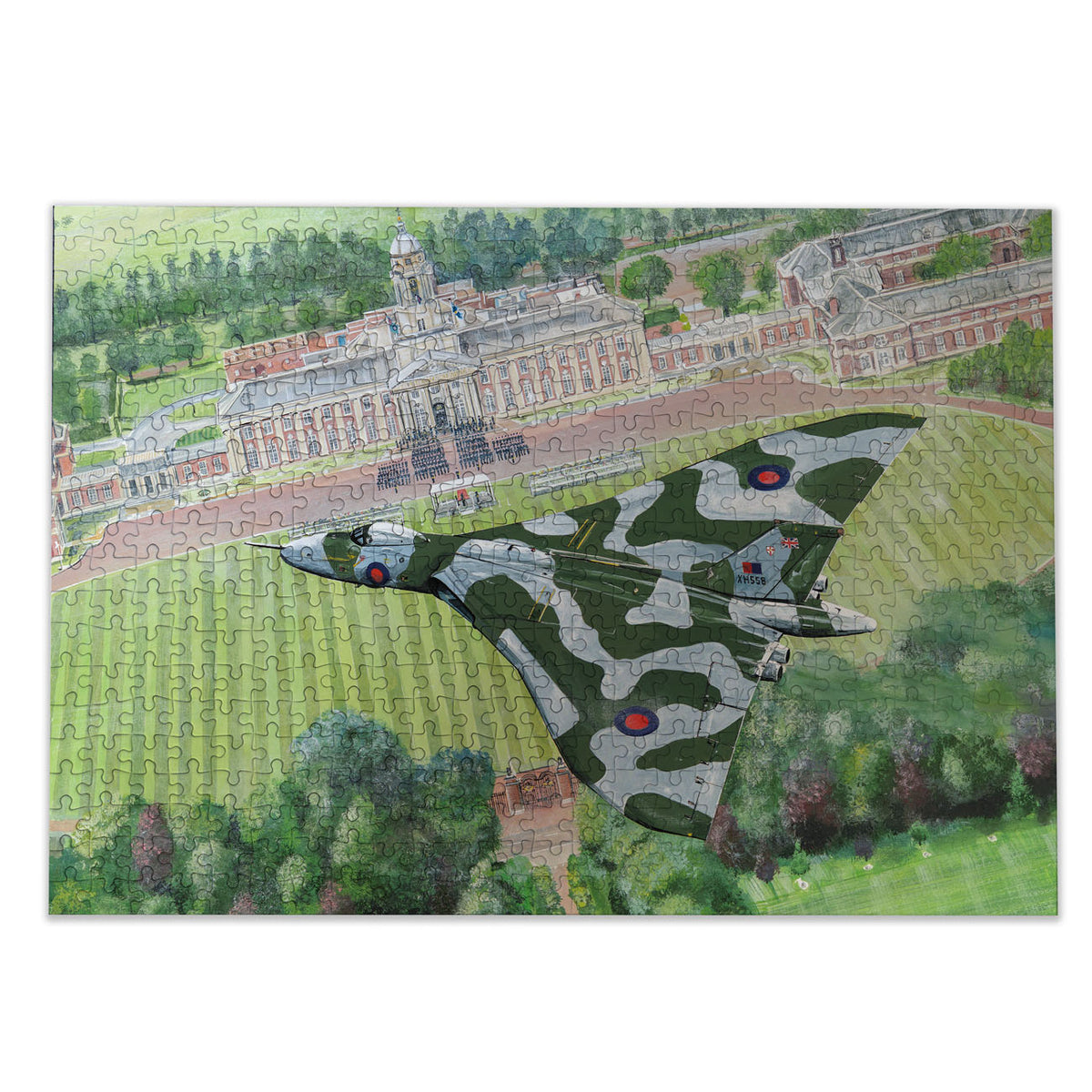 Jigsaw puzzle with a camouflage airplane design on a scenic background
