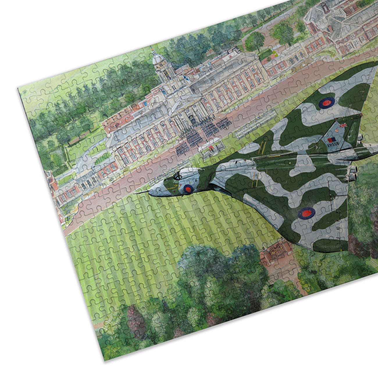 Jigsaw puzzle with a military airplane and building design