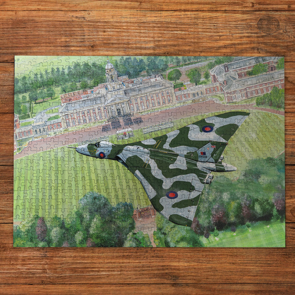 Jigsaw puzzle with a bomber aircraft design on a wooden surface