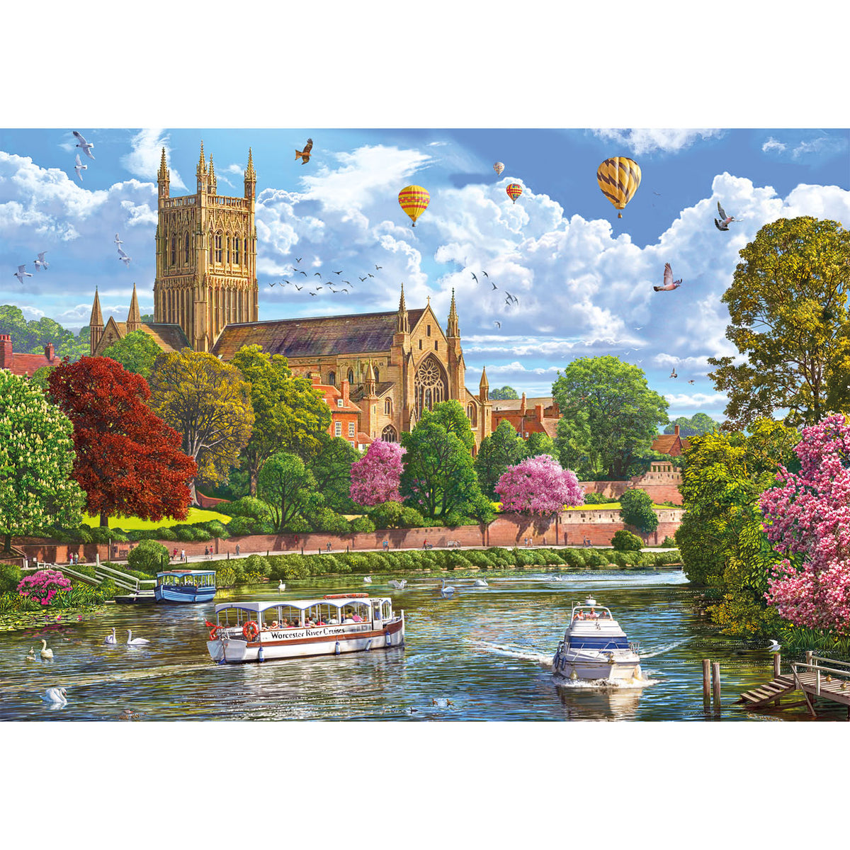 Scenic view of a cathedral by a river with boats and hot air balloons in the sky.
