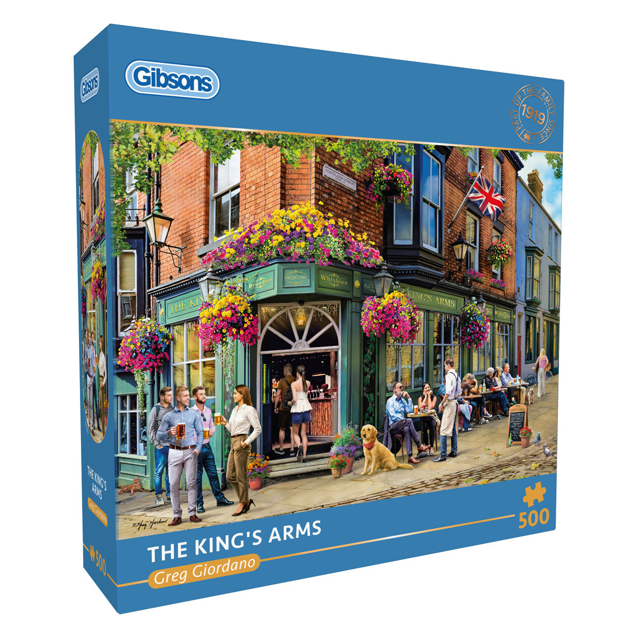 Gibsons puzzle box titled 'The King's Arms' with a colorful street scene design.