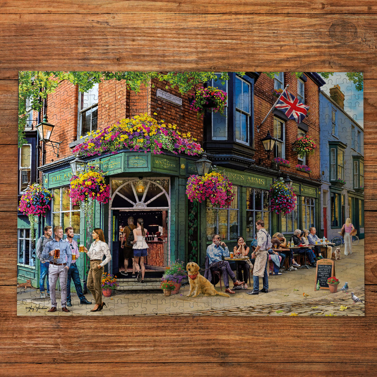 Painting of a lively street scene with people and a dog in front of a pub.