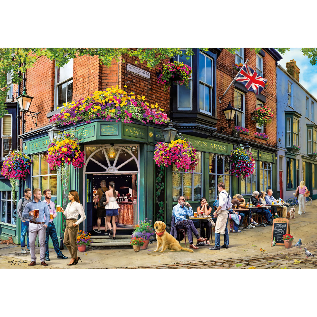 Pub scene with people and a dog on a street in a town.