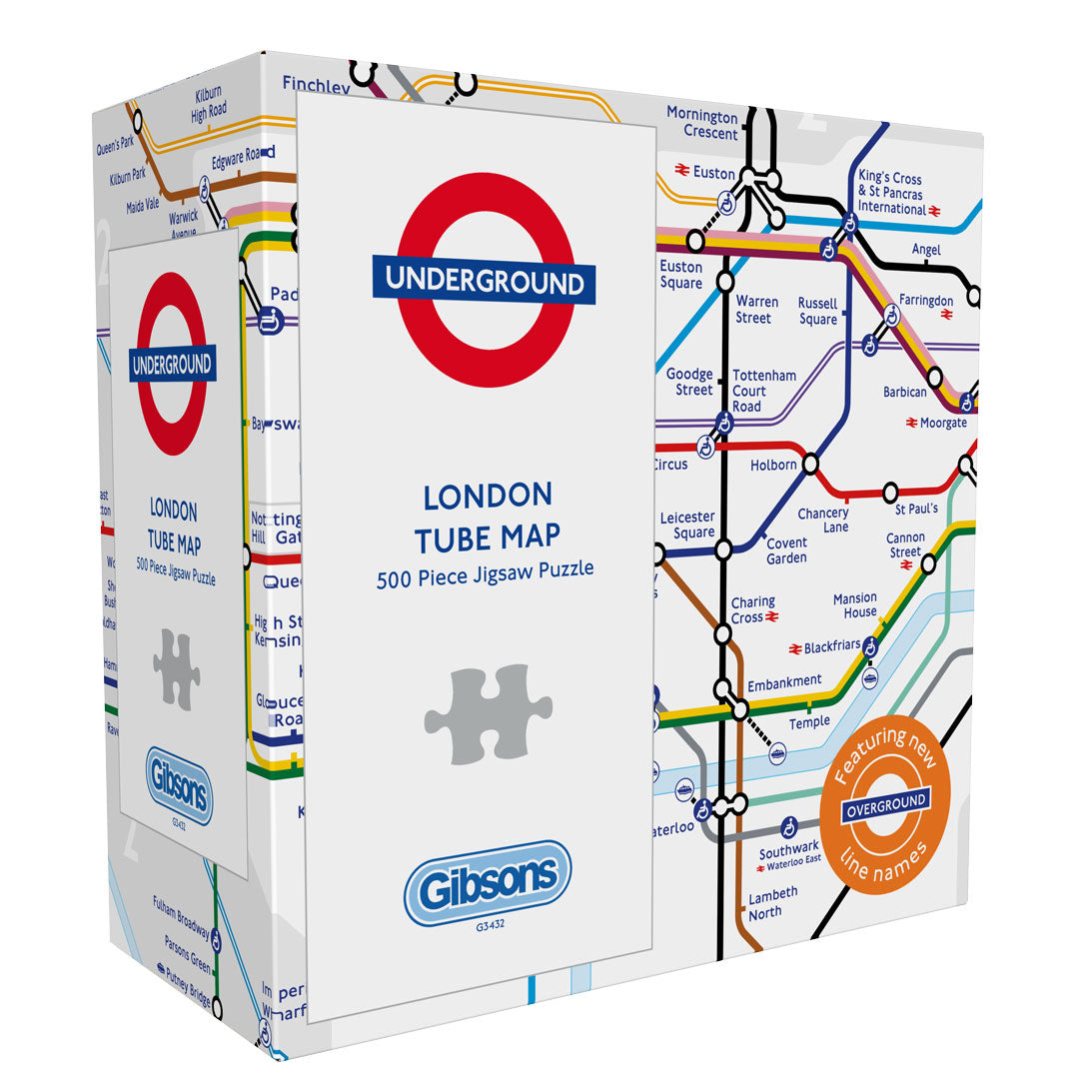 Gibson's London Tube Map 500-piece jigsaw puzzle box, featuring a white background with a colourful London Underground map design and the iconic roundel logo.