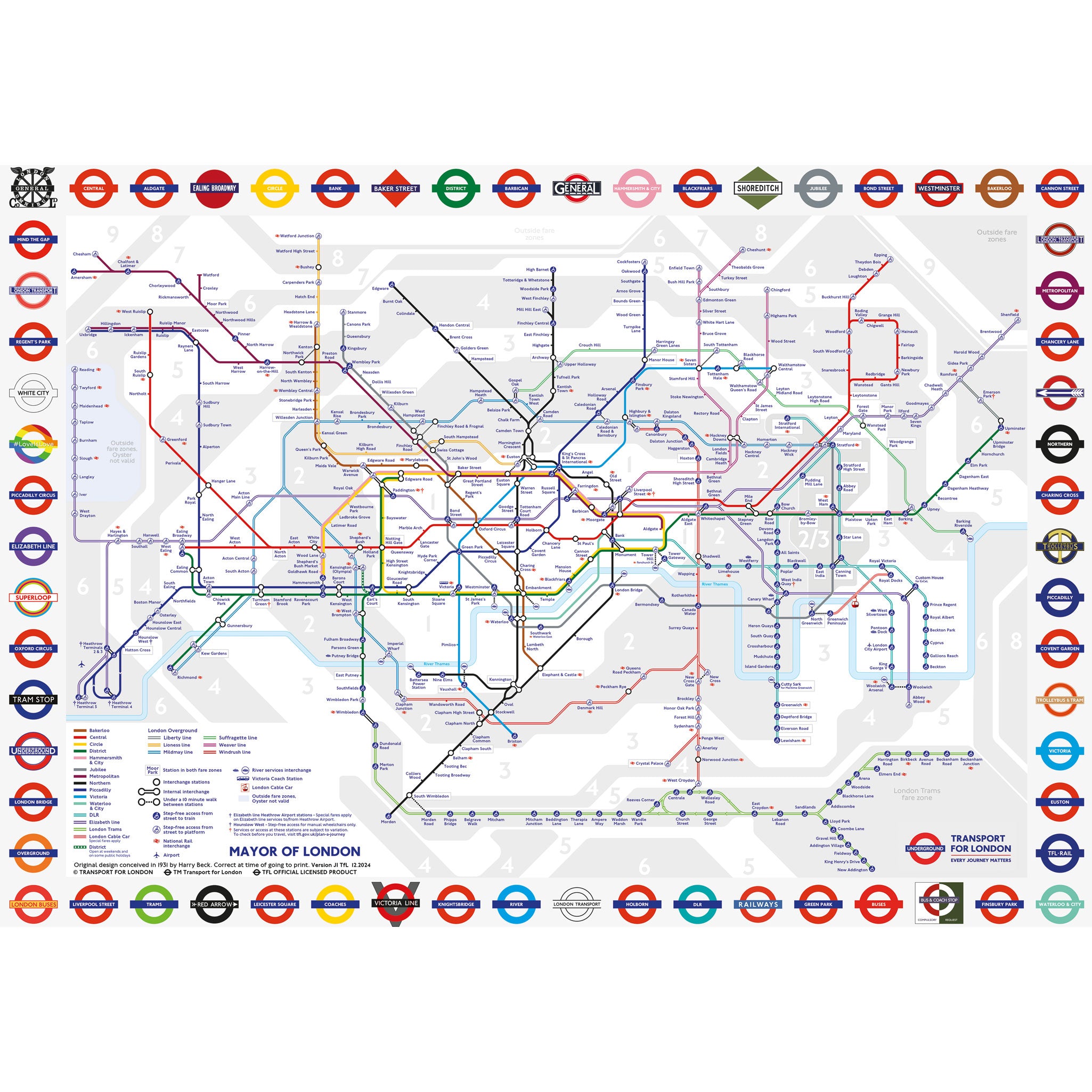 A London Underground transit map poster featuring multicoloured route lines on a light grey map background, bordered with round station logos and transit authority emblems.